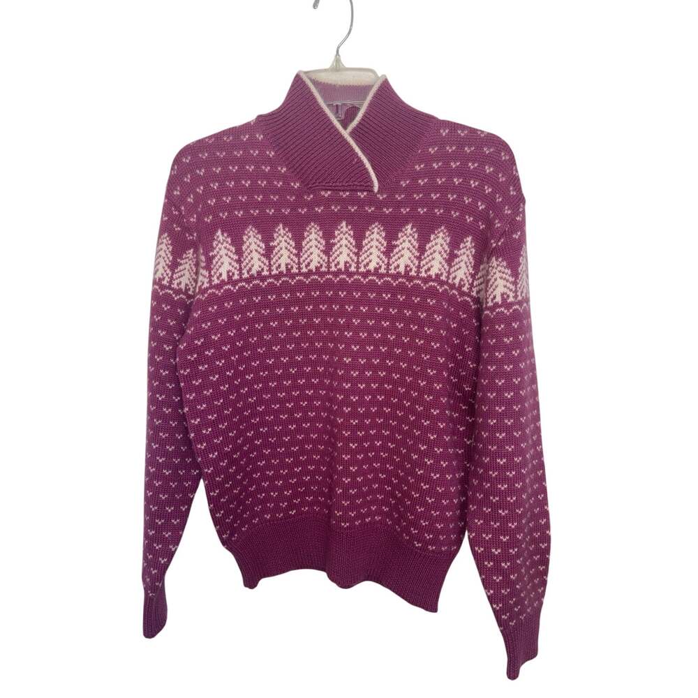 Vtg 90s Sierra Woolens Fair Isle Wool Sweater Pine Tree Print Mock Neck S/M